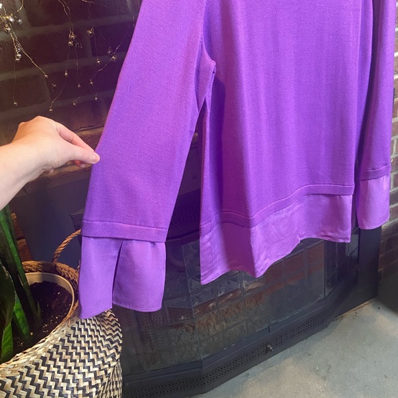 ST. JOHN Purple Knit Sweater with Silk Hem and Tie Back, Size L - Picture 3 of 14